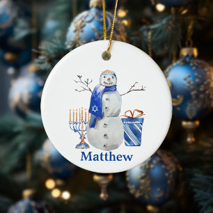 Hanukkah Sneeuwman Blauw Gepersonaliseerde naam Me Keramisch Ornament