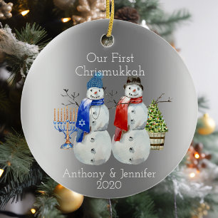 Hanukkah Sneeuwman Kerstmis Onze Eerste Chrismukka Keramisch Ornament