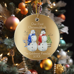 Hanukkah Snowman Kerstmis Onze eerste Chrismukkah Keramisch Ornament