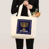 HANUKKAH Star David Menorah Personalized DARK BLUE Grote Tote Bag (Voorkant (product))