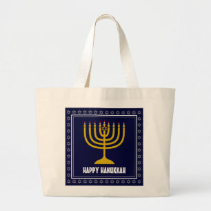HANUKKAH Star David Menorah Personalized DARK BLUE Grote Tote Bag