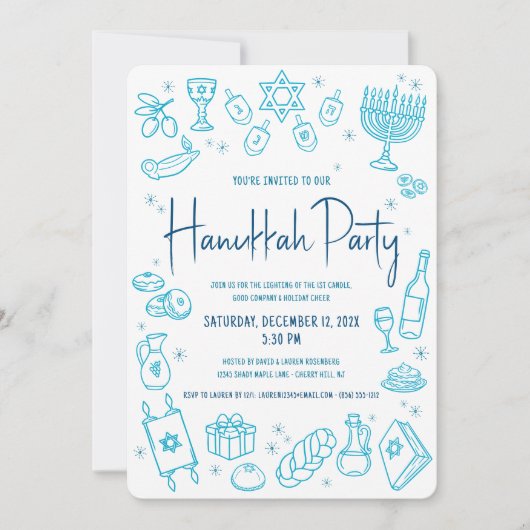Hanukkah Turquoise Hand Drawn Doodle Playful Party Kaart (Voorkant)