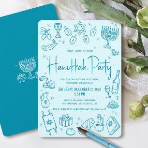 Hanukkah Turquoise Handgetekende Pret Partij Kaart