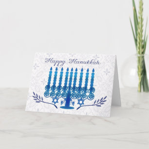 hanukkah vakantiekaart met menorah in blauw en whi feestdagen kaart