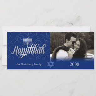 Hanukkah wil Custom Year Blue en Silver Photo Feestdagenkaart