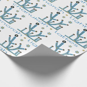 Hanukkah Wrapping Paper "Blue Bling Menorahs" Cadeaupapier