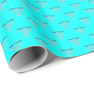 Hanukkah Zilveren Menora op Aqua Blauw Cadeaupapier