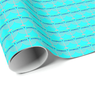Hanukkah Zilveren Menora op Aqua Blauw Cadeaupapier