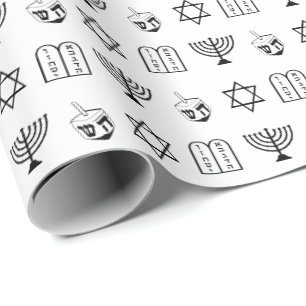 Hanukkah zwart-wit joods vakantiepatroon cadeaupapier
