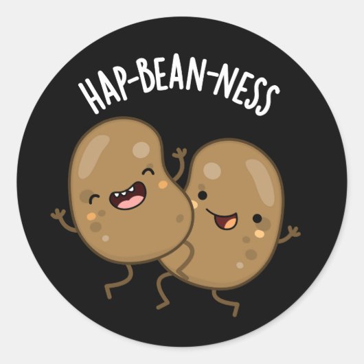 Hap-bean-ness Funny Bean Pun Dark BG Ronde Sticker (Voorkant)