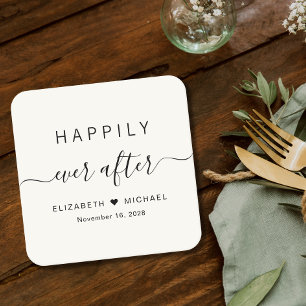 Happily Ever After Crème Bruiloft Vierkante Kartonnen Onderzetter