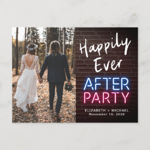 Happily Ever After Feest Neonlichten Foto Bruiloft Aankondigingskaart
