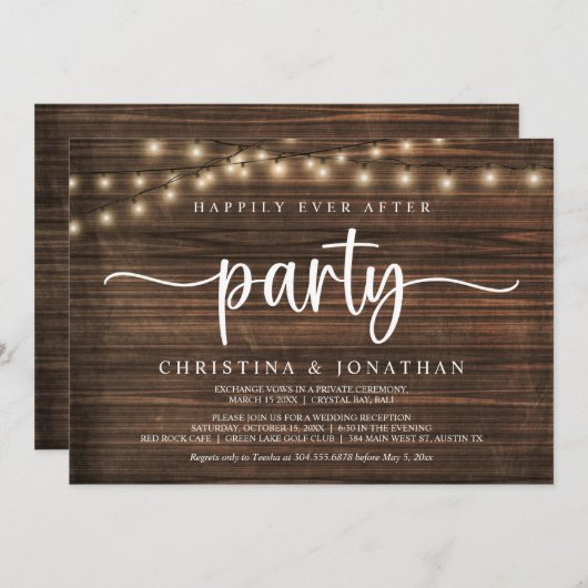 Happily Ever After-feest, String Lights Elopement Kaart (Voorkant / Achterkant)