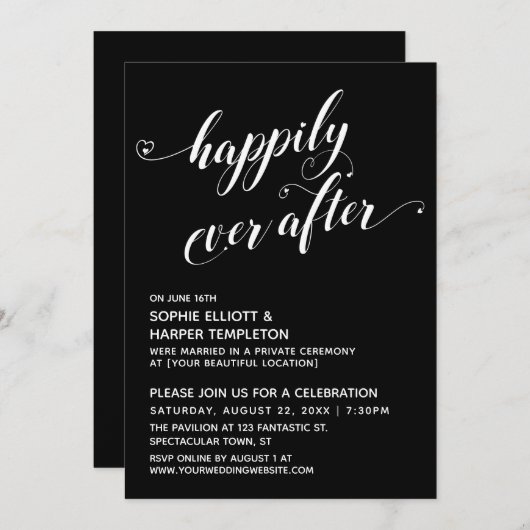 Happily Ever After Hartenscript Zwart Reception Kaart (Voorkant / Achterkant)