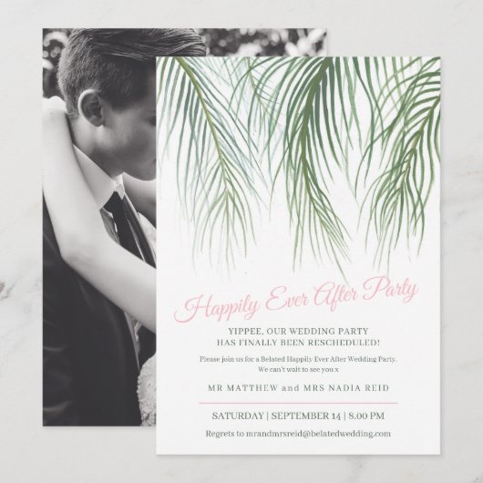 Happily Ever After palm na Bruiloftsfeest Save The Date (Voorkant / Achterkant)