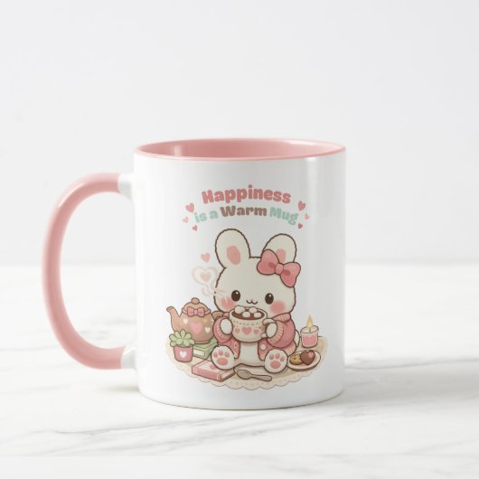 Happiness is a Warm Mug Cute Bunny Rabbit Pink Mok (Links)