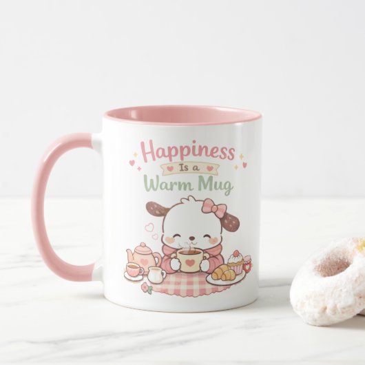 Happiness is a Warm Mug Cute Puppy Dog Pink Mug (Avec donut)