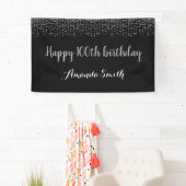 Happy 100th Birthday Banner.Black Silver Glitter Spandoek (Insitu)