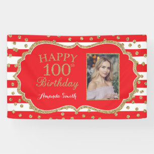 Happy 100th Birthday Banner Red Gold Glitter Foto