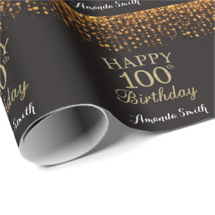 Happy 100th Birthday Black en Gold Glitter Cadeaupapier