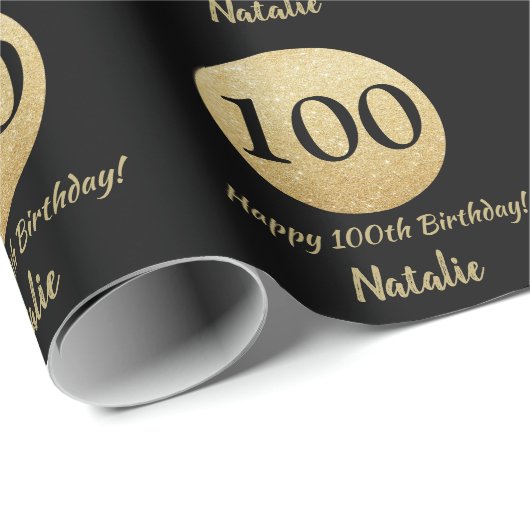 Happy 100th Birthday Black en Gold Glitter Cadeaupapier (Rol Hoek)
