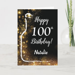 Happy 100th Birthday Black en Gold Glitter Wine Kaart