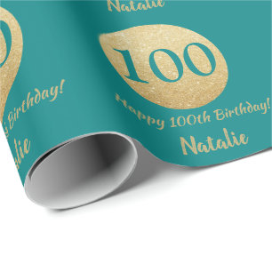 Happy 100th Birthday Blauwgroen en Gold Glitter Cadeaupapier