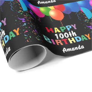 Happy 100th Birthday Colorful Balloons Black Cadeaupapier