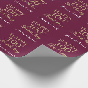 Happy 100th Birthday Gold Glitter en Burgundy Red Cadeaupapier