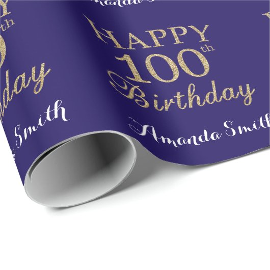 Happy 100th Birthday Gold Glitter en Navy Blue Cadeaupapier (Rol Hoek)