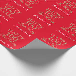 Happy 100th Birthday Gold Glitter en Red Cadeaupapier