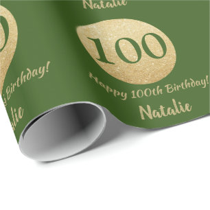 Happy 100th Birthday Green en Gold Glitter Cadeaupapier