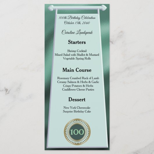 Happy 100th Birthday Green Glitter Folie Menu (Voorkant)