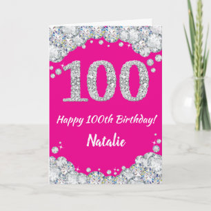 Happy 100th Birthday Hot Pink en Silver Glitter Kaart