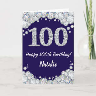 Happy 100th Birthday Navy Blue en Silver Glitter Kaart