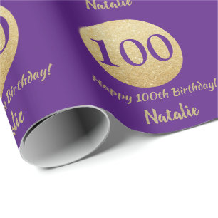 Happy 100th Birthday Paars en Gold Glitter Cadeaupapier