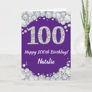 Happy 100th Birthday Paars en Silver Glitter Kaart
