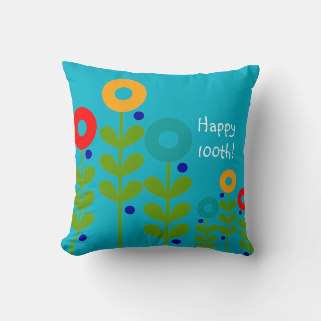 Happy 100th Birthday Pillow Floral Blue Kussen (Voorkant)