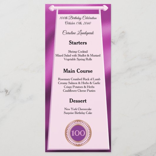 Happy 100th Birthday Pink Glitter Folie Menu (Voorkant)