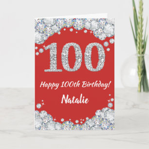 Happy 100th Birthday Red en Silver Glitter Card Kaart