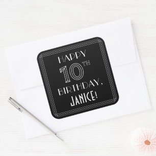 HAPPY 10th BIRTHDAY; Art Deco Style; aangepaste na Vierkante Sticker