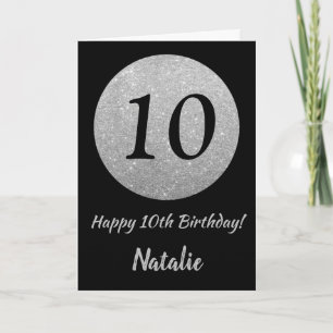 Happy 10th Birthday Black en Silver Glitter Card Kaart