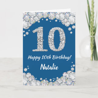 Happy 10th Birthday Blue en Silver Glitter Card Kaart