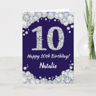 Happy 10th Birthday Navy Blue en Silver Glitter Kaart