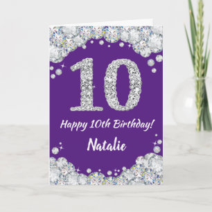 Happy 10th Birthday Paars en Silver Glitter Card Kaart