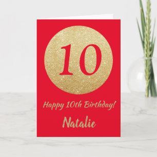 Happy 10th Birthday Red en Gold Glitter Card Kaart