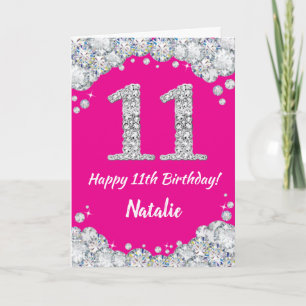 Happy 11th Birthday Hot Pink en Silver Glitter Kaart