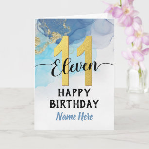 Happy 11th Birthday Waterverf Blue & Gold Boy Kaart
