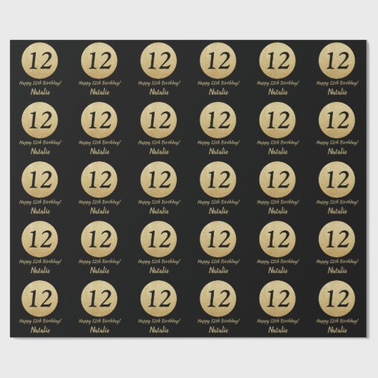 Happy 12th Birthday Black en Gold Glitter Cadeaupapier (Vlak)