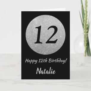 Happy 12th Birthday Black en Silver Glitter Card Kaart